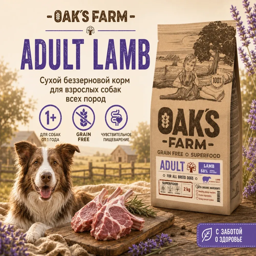 OAK'S FARM сухой беззерновой корм с ягненком для взрослых собак всех пород, супер-премиум, 2 кг