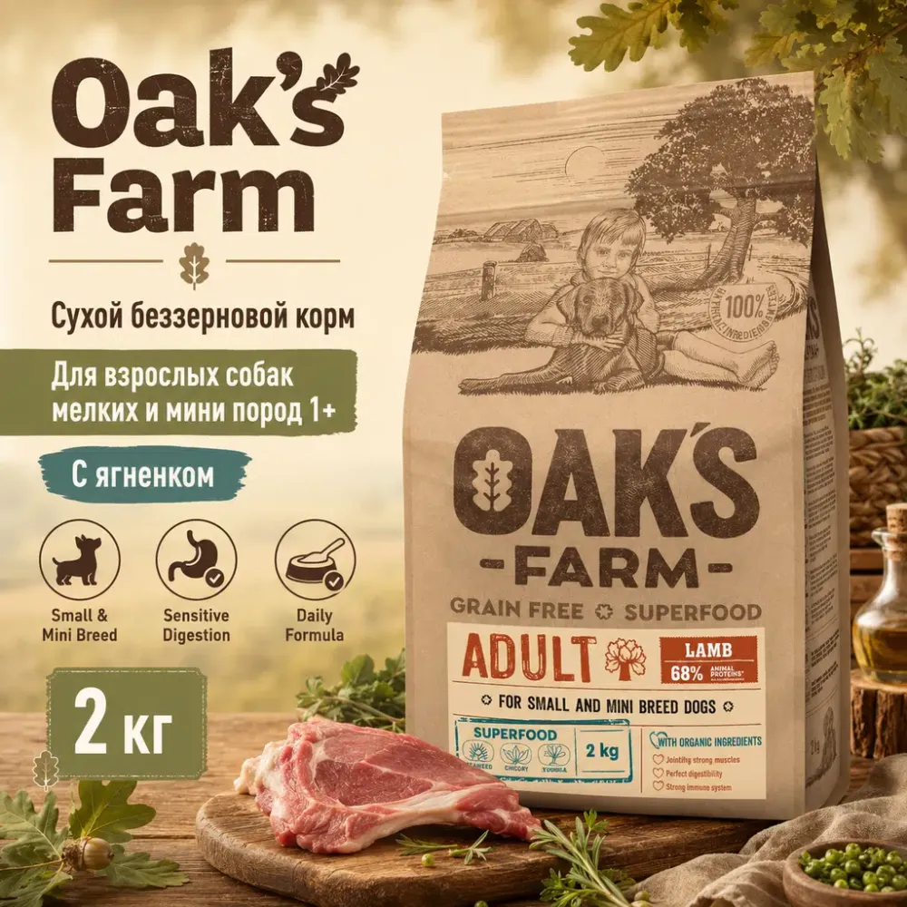 Oak's Farm Grain Free Adult Small & Mini Breed Dogs Lamb сухой беззерновой корм с ягнятиной для мелких собак, 2 кг