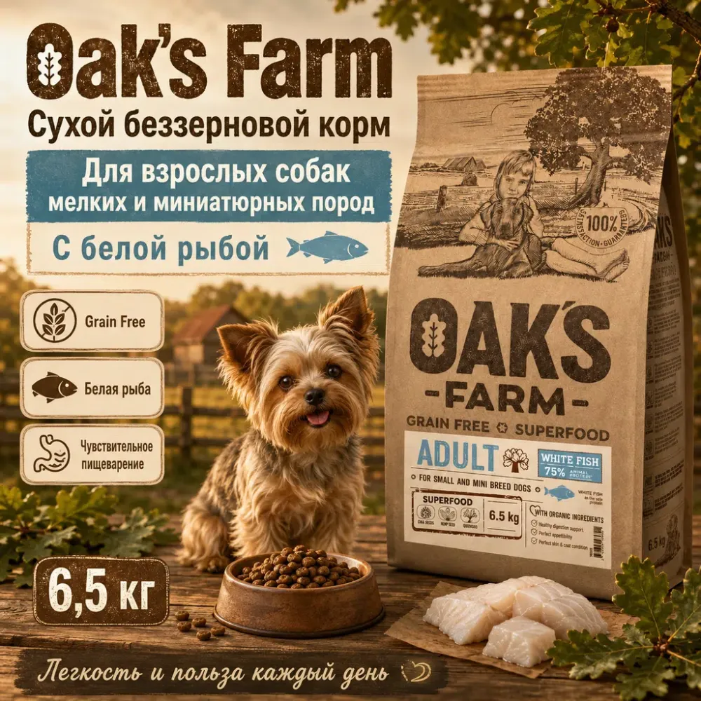 Oak's Farm Grain Free Adult Small & Mini Breed Dogs White Fish сухой беззерновой корм с белой рыбой для мелких собак, 6.5 кг