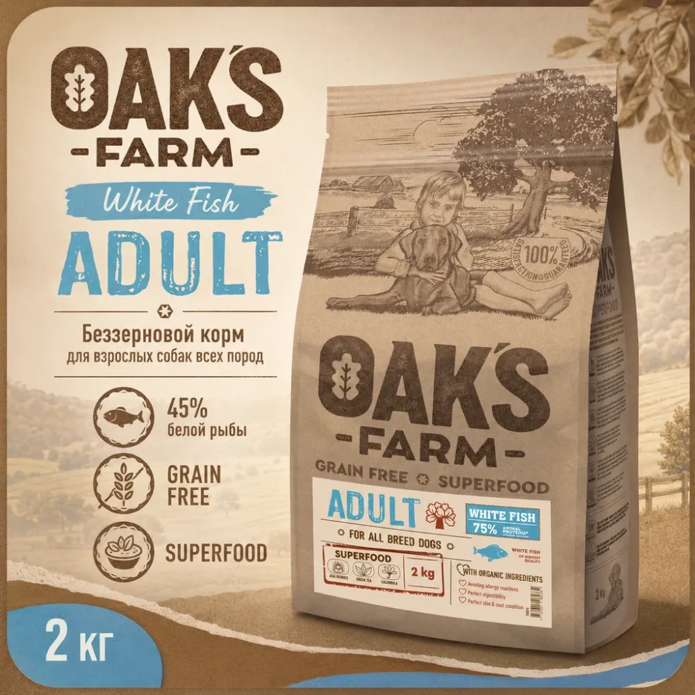 OAK’S FARM Grain Free All Breed Adult White Fish беззерновой корм с белой рыбой для взрослых собак всех пород 2 кг