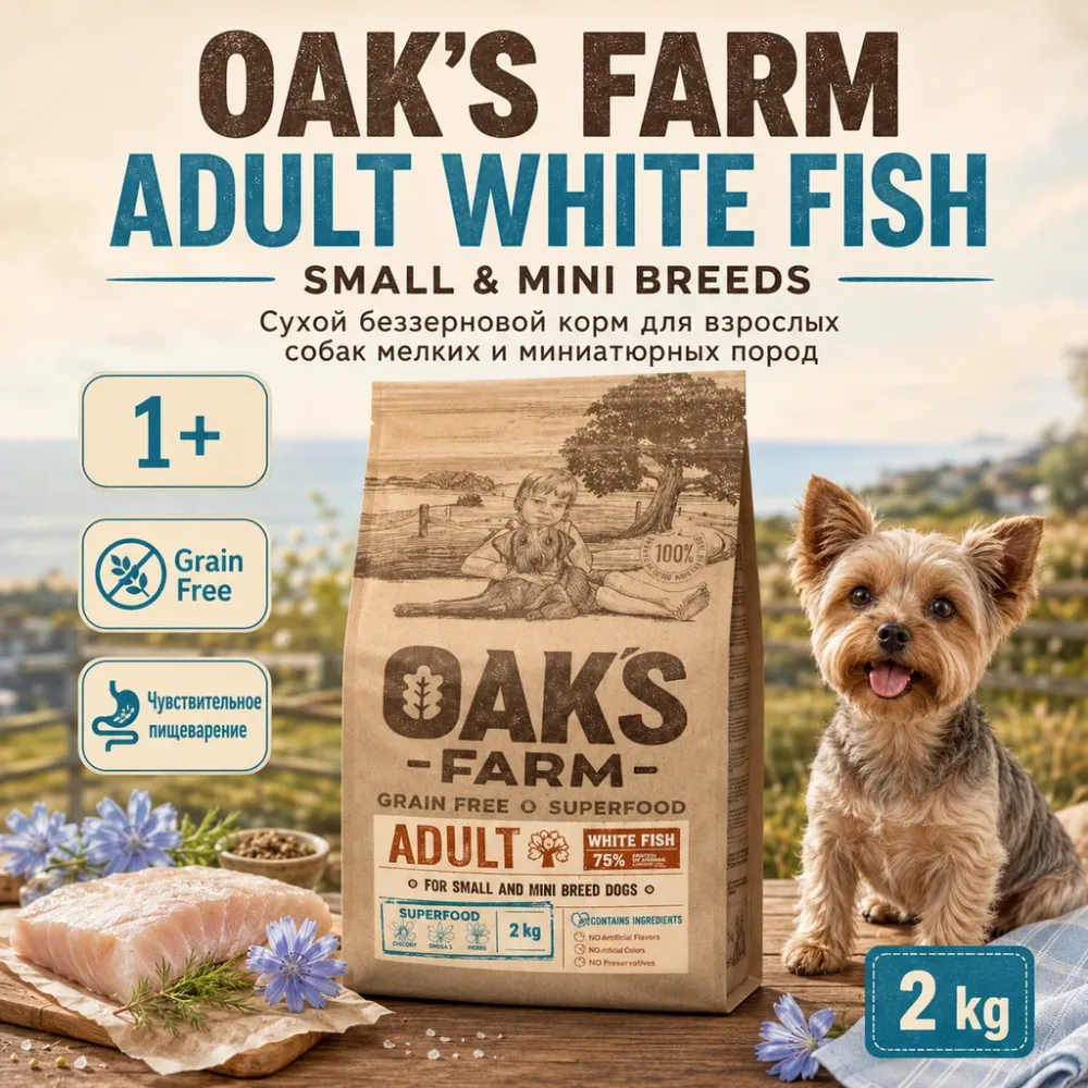 OAK'S FARM Adult Small & Mini White Fish сухой беззерновой корм с белой рыбой для мелких собак, 2 кг