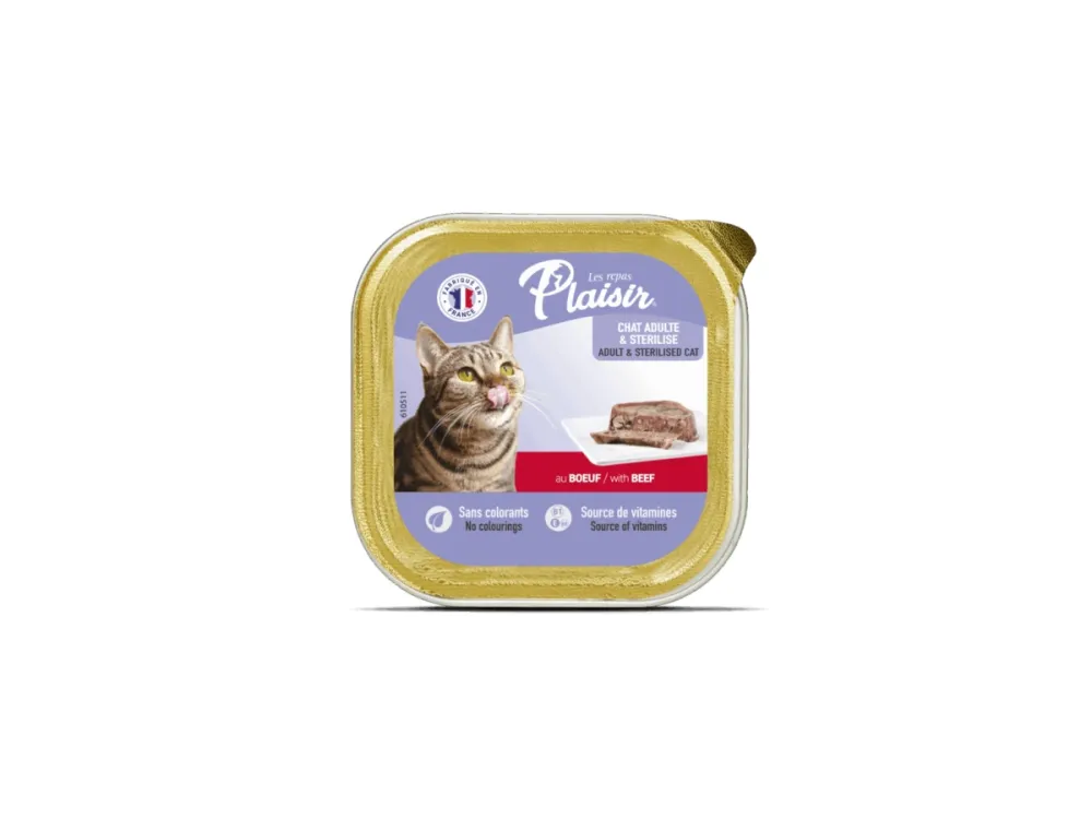 Plaisir влажный корм Cat Sterilised с говядиной для кошек ламистер 100 г
