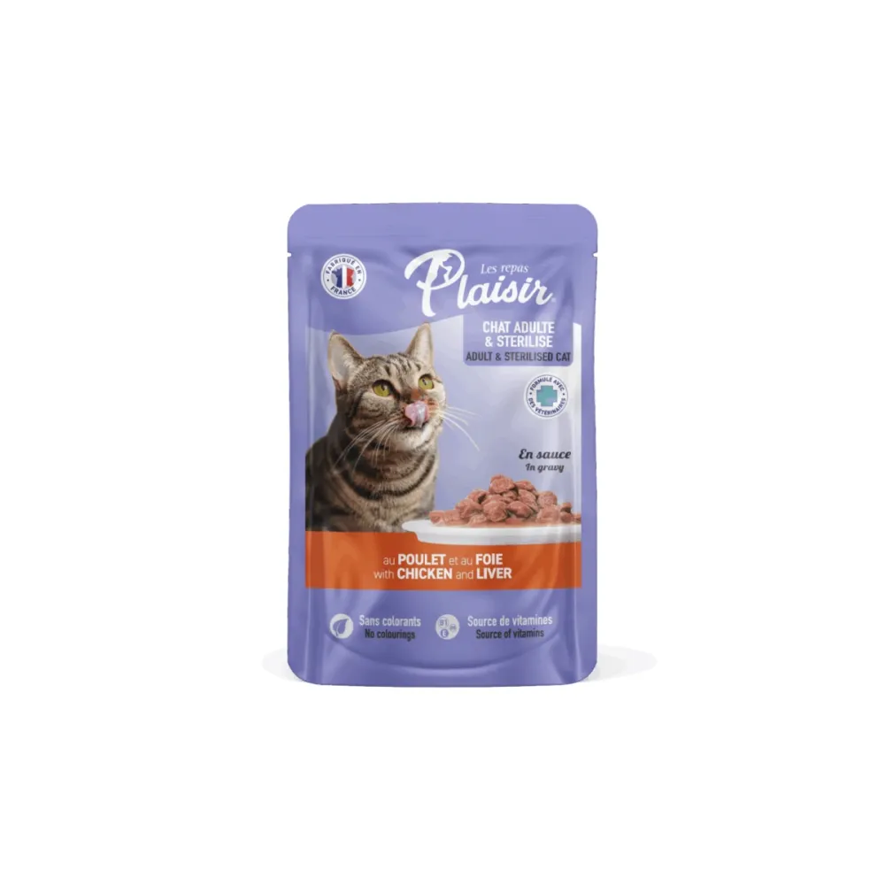 Plaisir влажный корм Cat Sterilised с курицей и печенью для кошек пауч 100 г