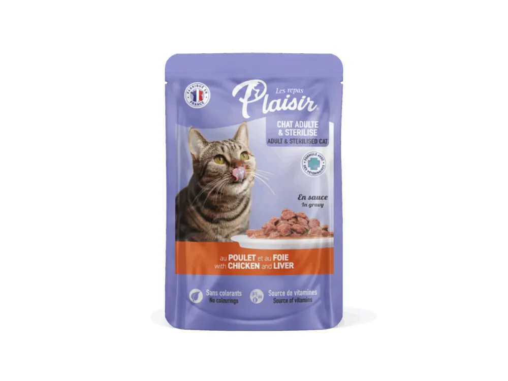 Plaisir влажный корм Cat Sterilised с курицей и печенью для кошек пауч 100 г