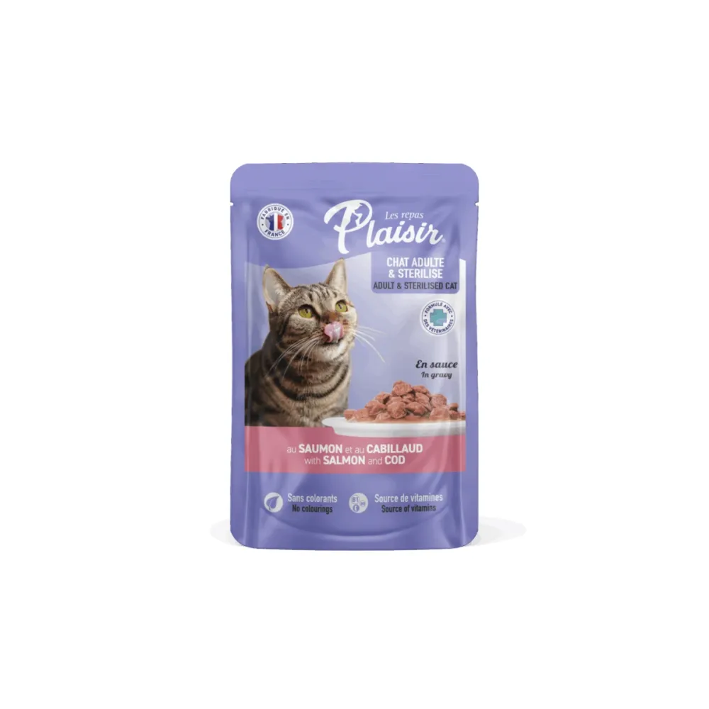 Plaisir влажный корм Cat Sterilised с лососем и треской для кошек пауч 100 г