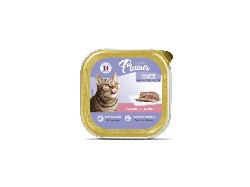Plaisir влажный корм Cat Sterilised с лососем для кошек ламистер 100 г