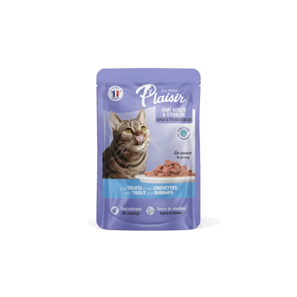 Plaisir влажный корм Cat Sterilised с форелью и креветками для кошек пауч 100 г