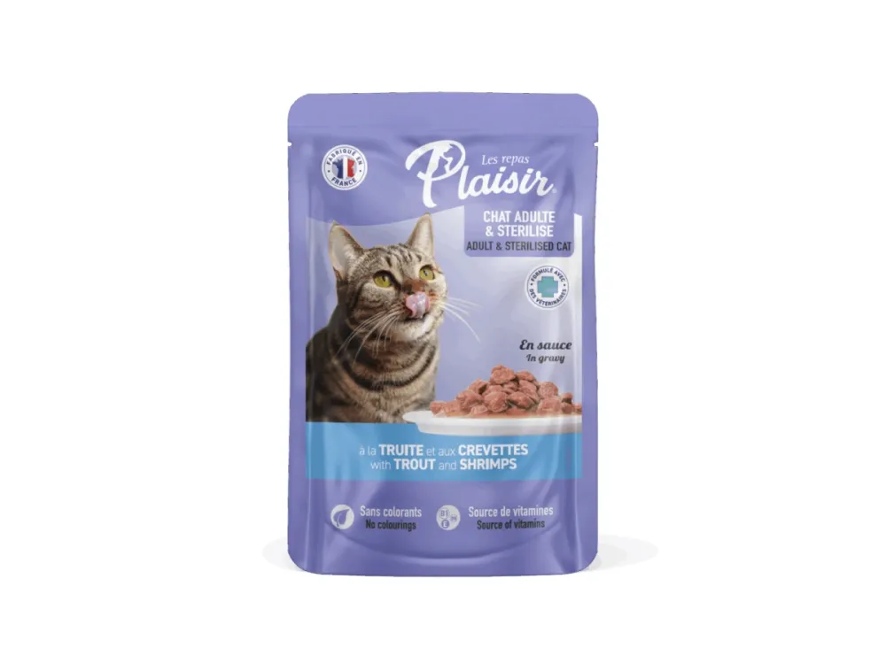 Plaisir влажный корм Cat Sterilised с форелью и креветками для кошек пауч 100 г