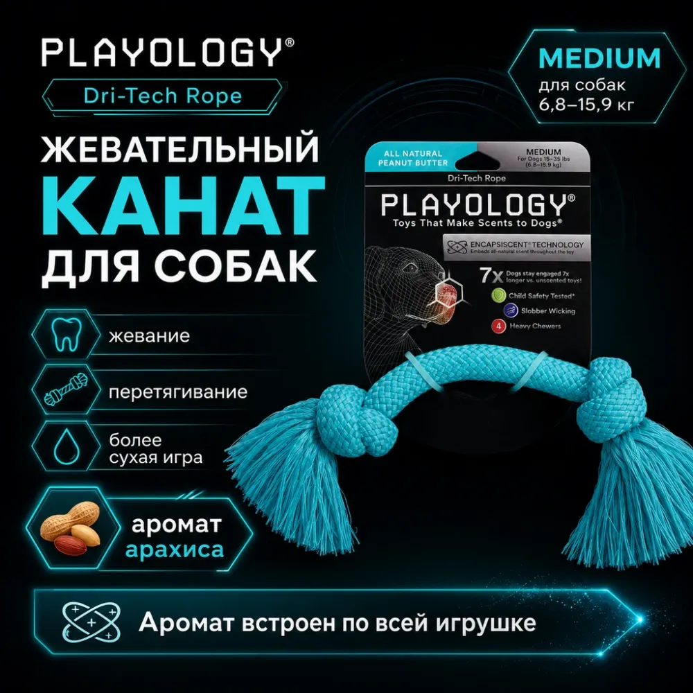 Playology Dri-Tech Rope жевательный канат для собак 6,8–15,9 кг