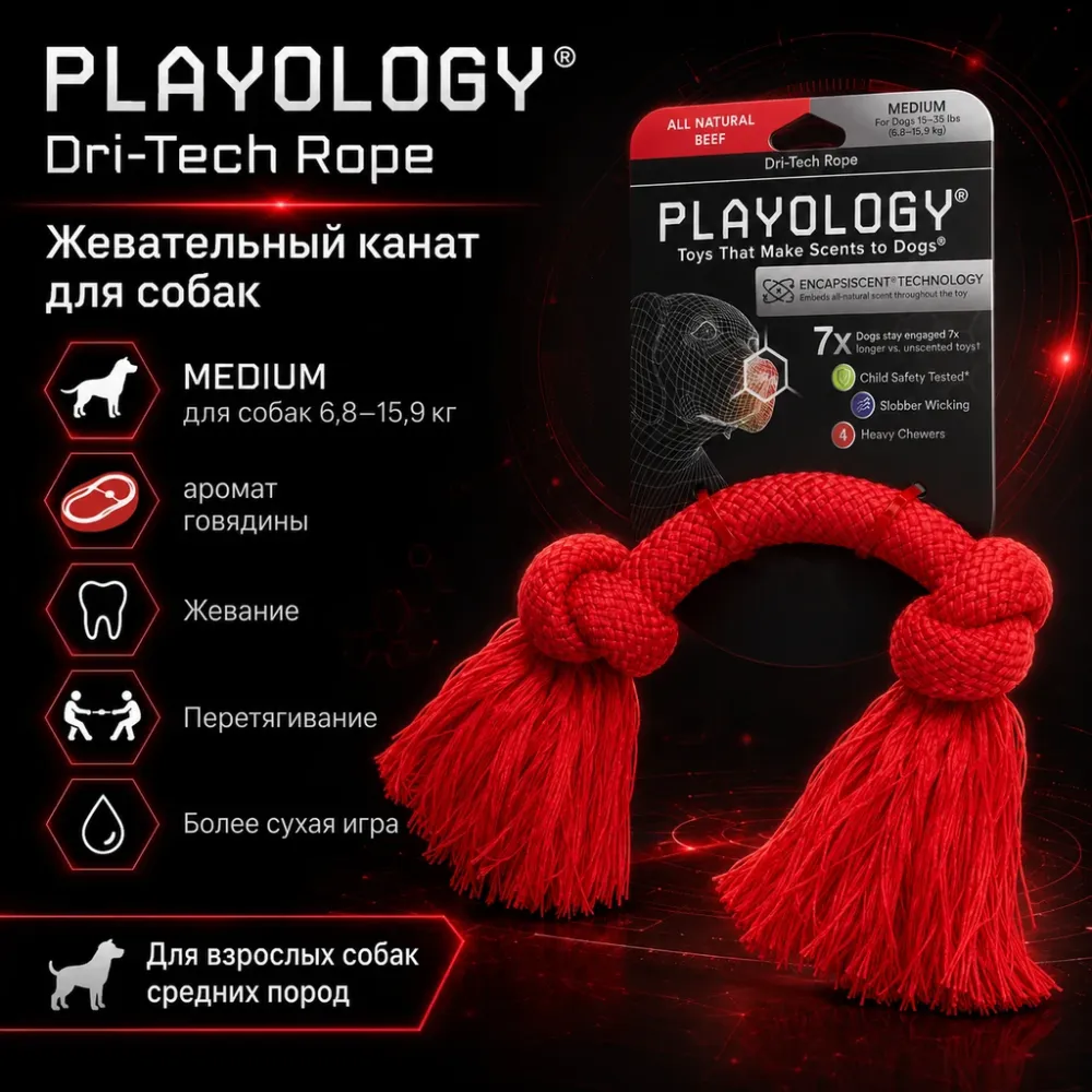 Playology Dri-Tech Rope с ароматом говядины жевательный канат для собак средних пород