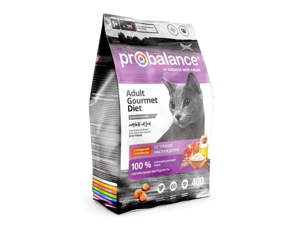 ProBalance сухой корм Gourmet Diet с говядиной и ягнёнком для взрослых кошек, 400 г