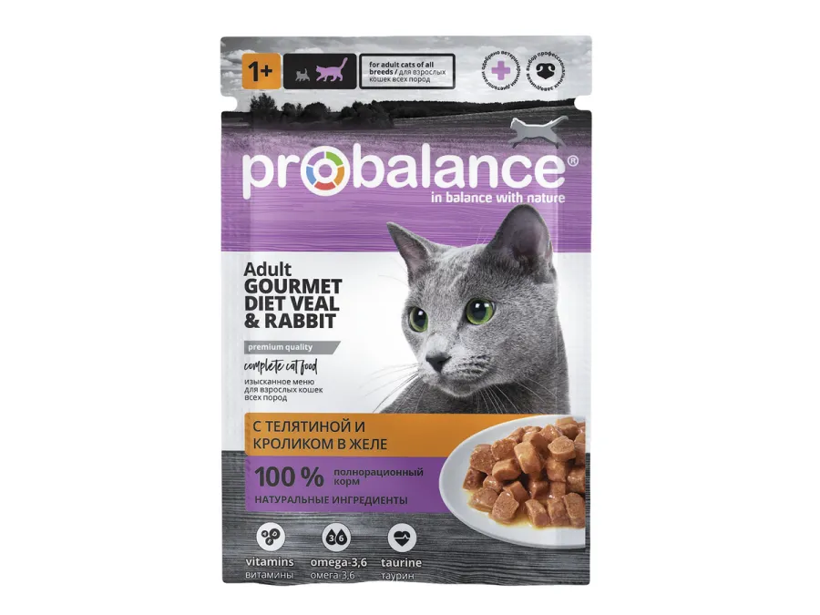 ProBalance влажный корм Gourmet Diet с телятиной и кроликом в желе для взрослых кошек, 85 г