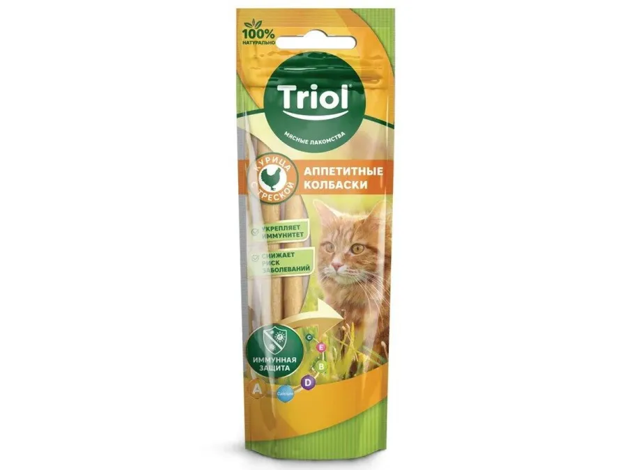 Triol Аппетитные колбаски из курицы с треской для кошек, 40 г