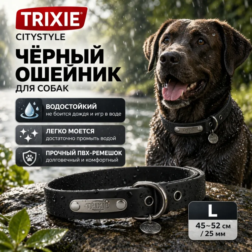 Trixie CityStyle водонепроницаемый ошейник из ПВХ черный, размер L 25 мм, 45–52 см
