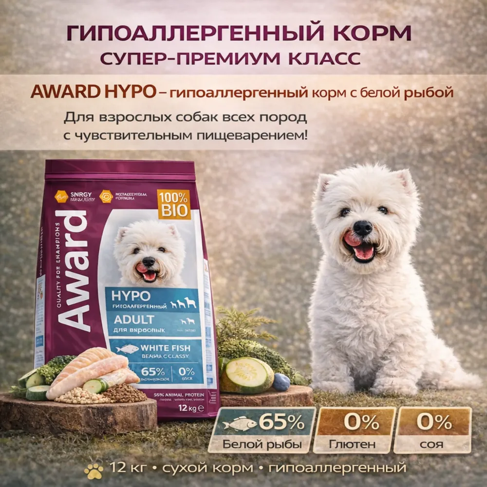 AWARD HYPO корм для собак гипоаллергенный с белой рыбой сухой супер премиум 12 кг