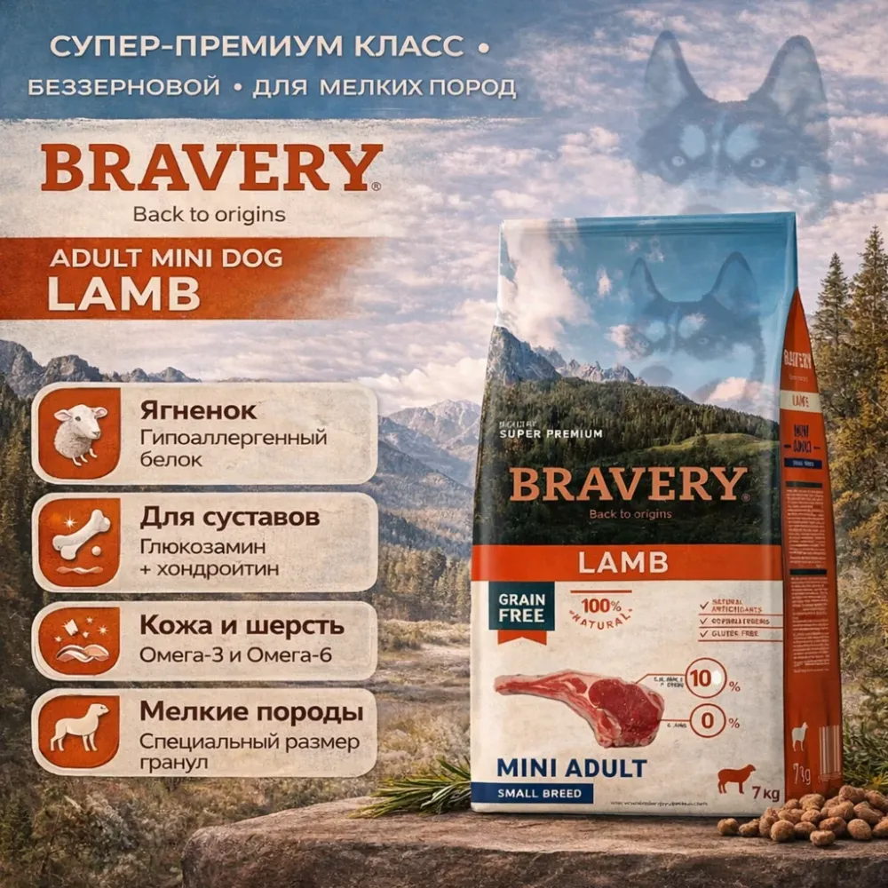 Bravery Adult Mini Dog Lamb корм для собак мелких пород беззерновой с ягненком гипоаллергенный 7 кг