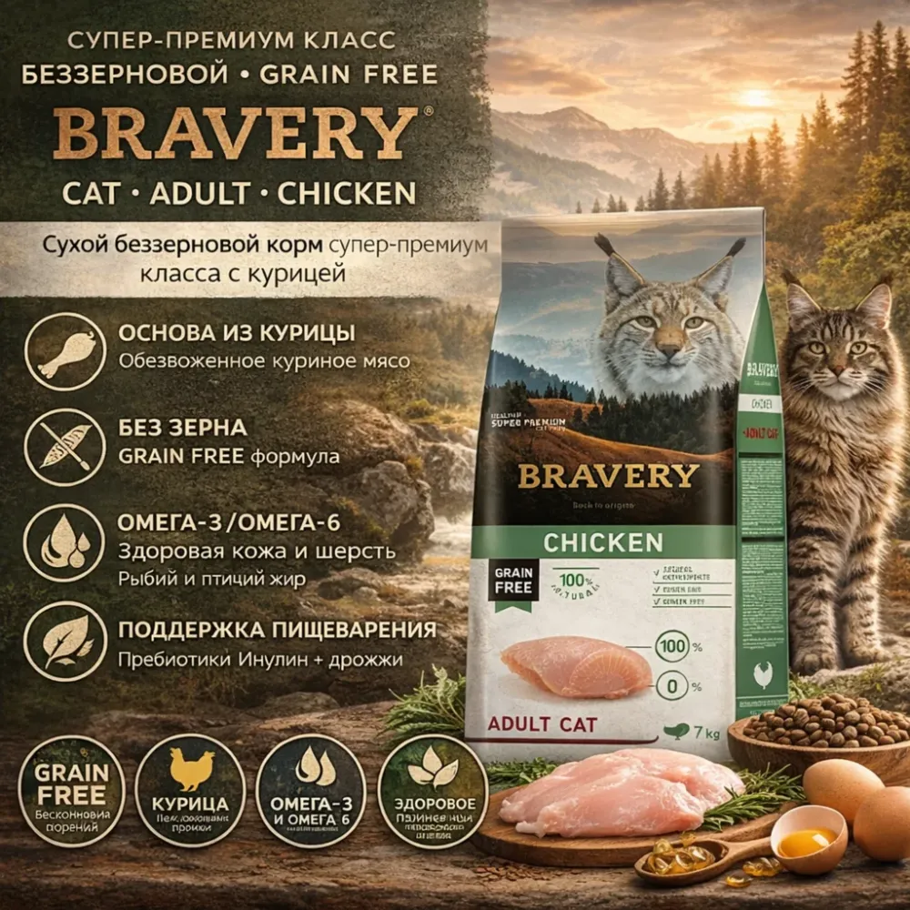 BRAVERY Adult Cat Chicken беззерновой сухой корм с курицей для взрослых кошек, 7 кг