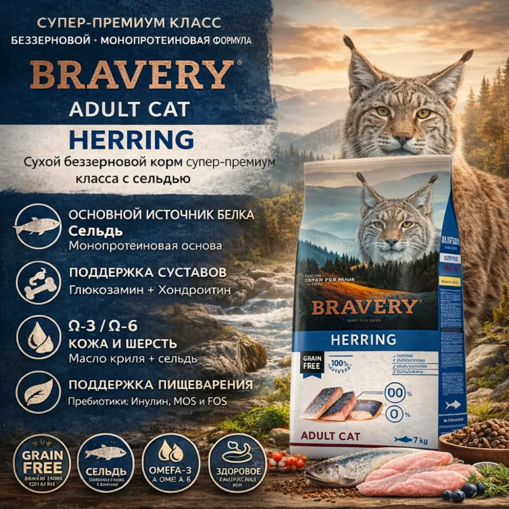 BRAVERY Adult Cat Herring беззерновой сухой корм с сельдью для взрослых кошек, 7 кг