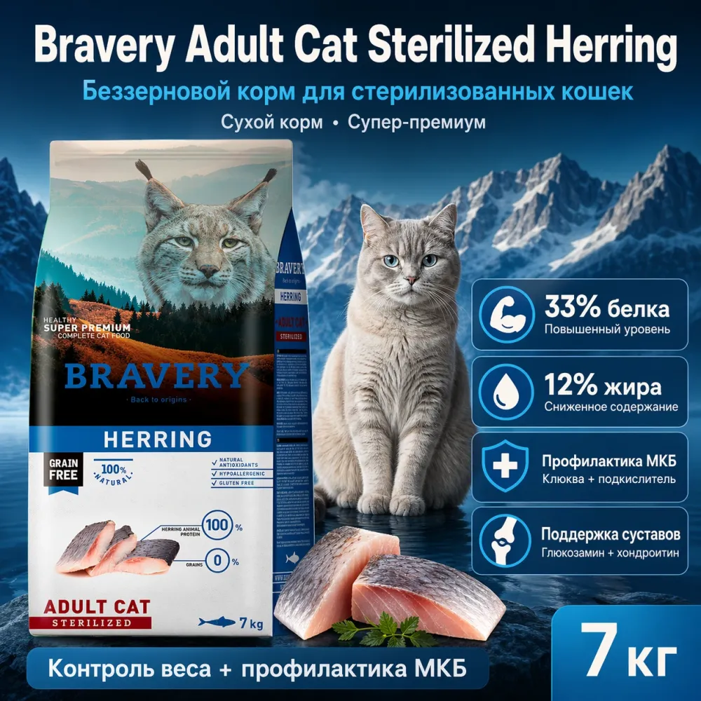 BRAVERY Adult Cat Sterilized Herring беззерновой сухой корм с сельдью для стерилизованных кошек, 7 кг