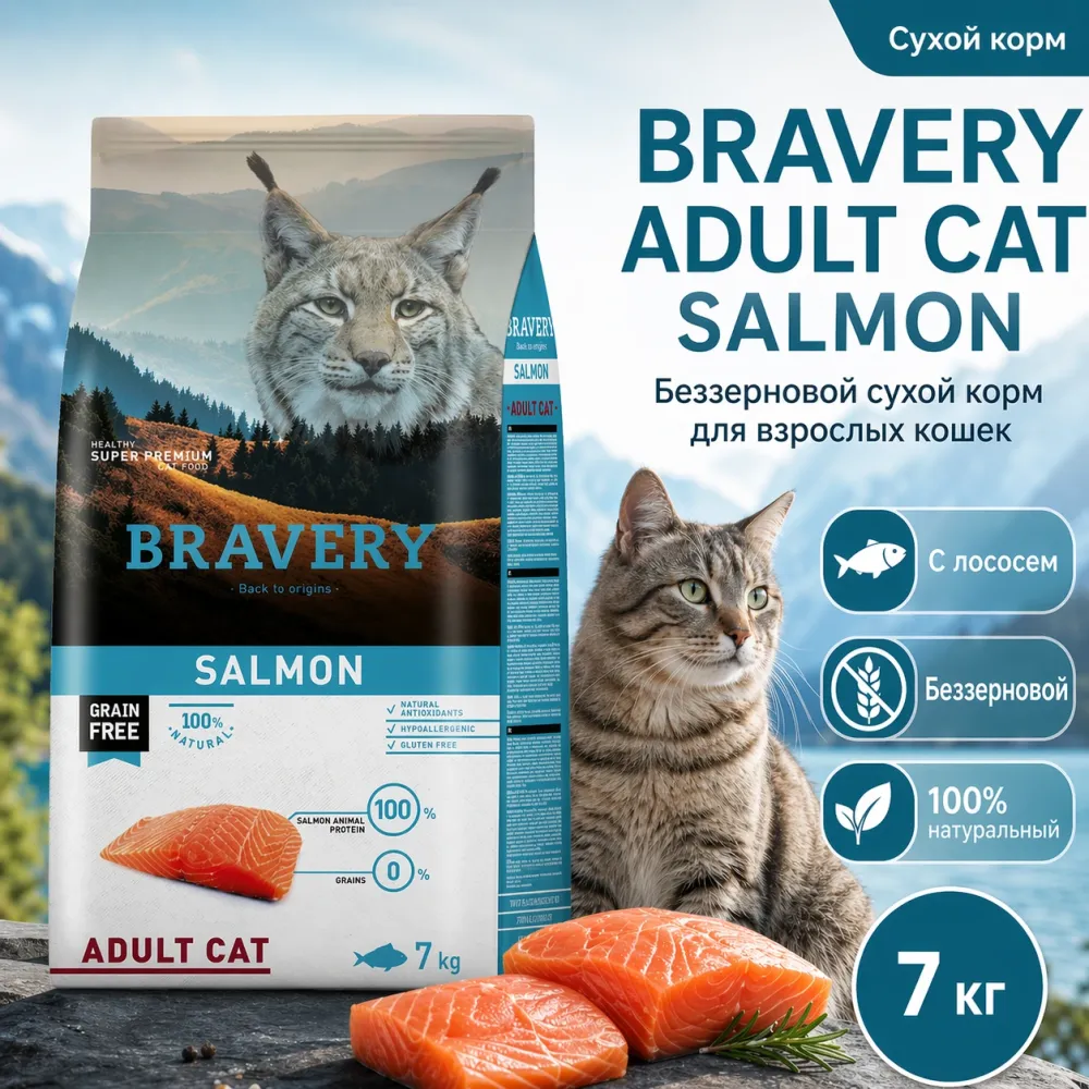 BRAVERY Adult Cat Sterilized Salmon беззерновой сухой корм с лососем для стерилизованных кошек, 7 кг
