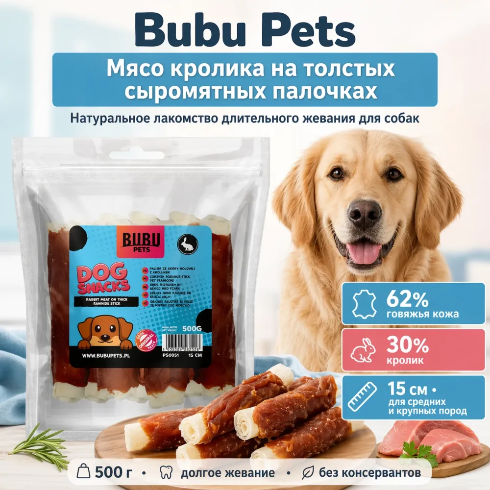 Bubu Pets Палочки из кролика мягкое лакомство для собак, 500 г