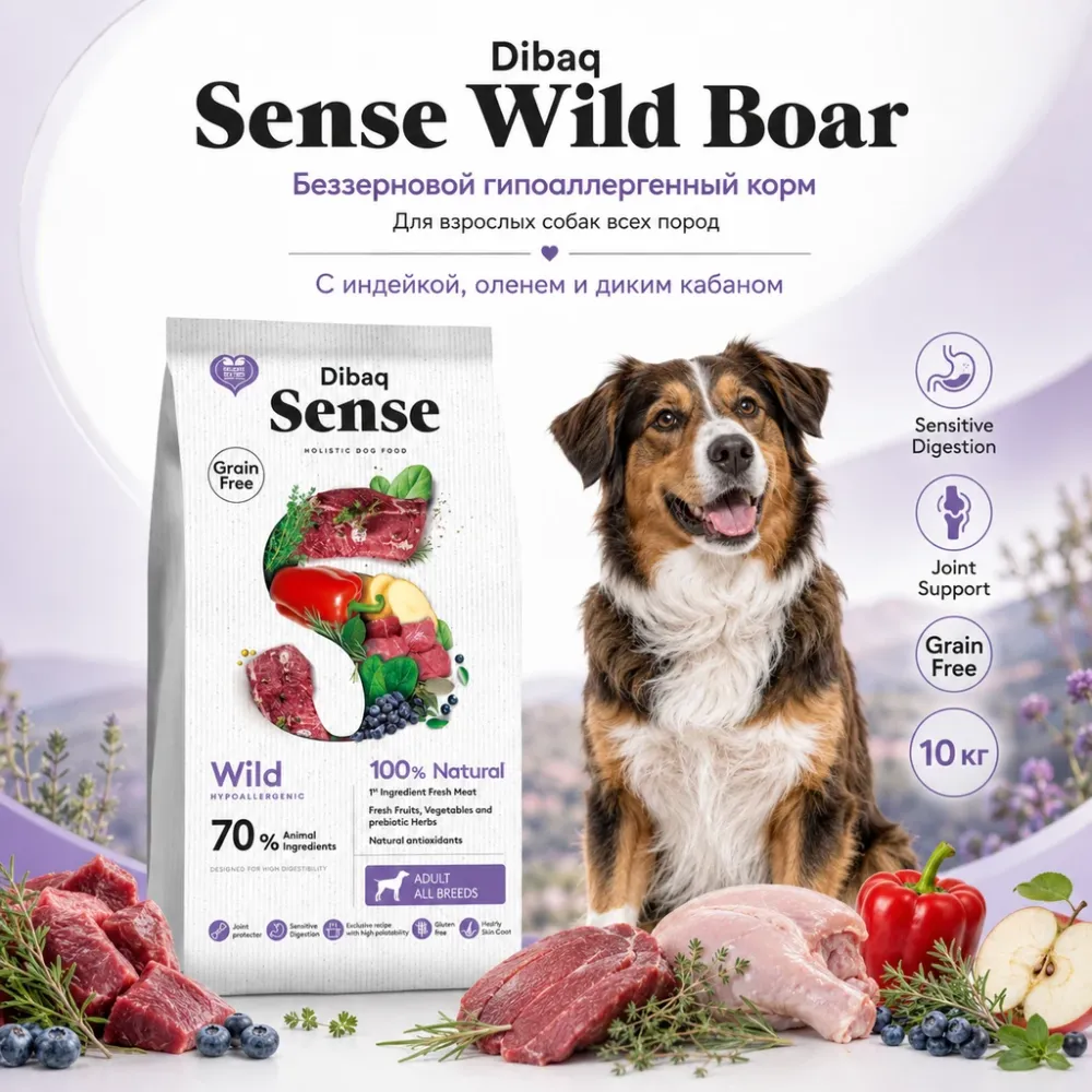 Dibaq Sense Wild Boar сухой беззерновой корм с индейкой, оленем и диким кабаном для собак, 10 кг