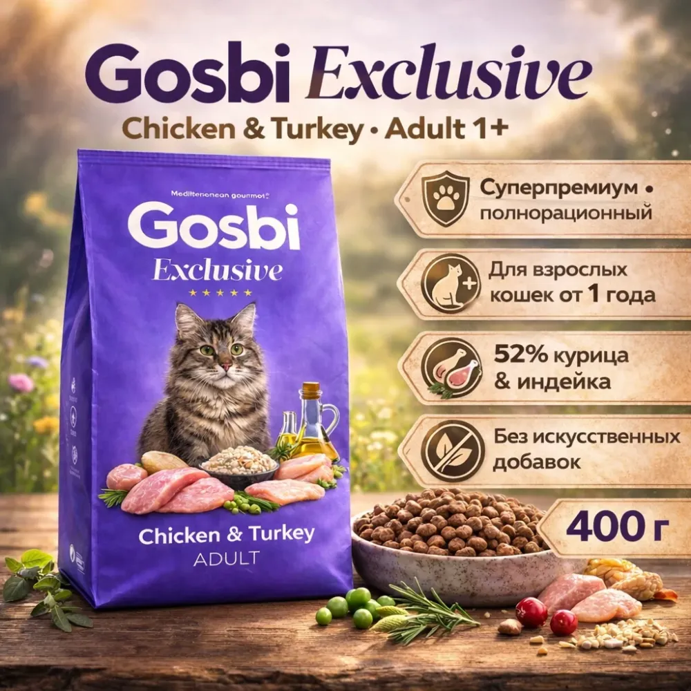 Gosbi Exclusive Chicken & Turkey Adult — сухой корм для кошек 1+, 400 г