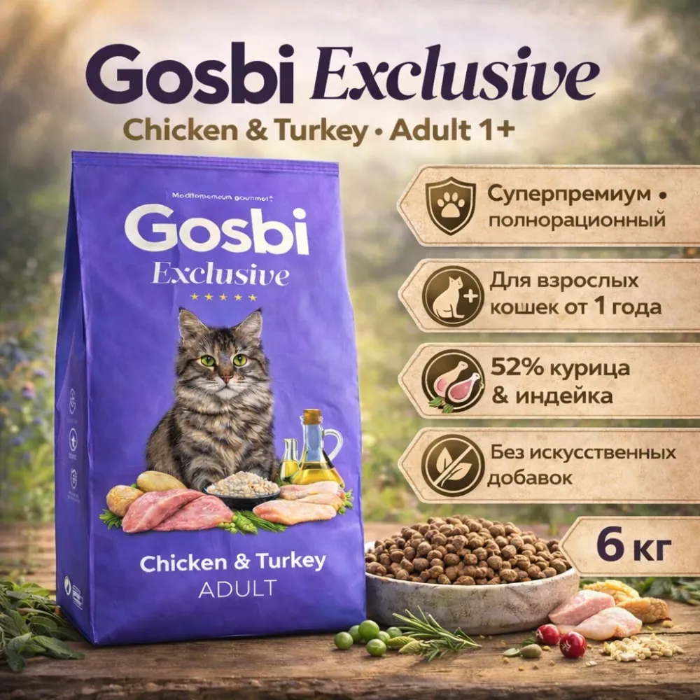 Gosbi Exclusive Chicken & Turkey Adult — сухой корм для кошек 1+, 6 кг