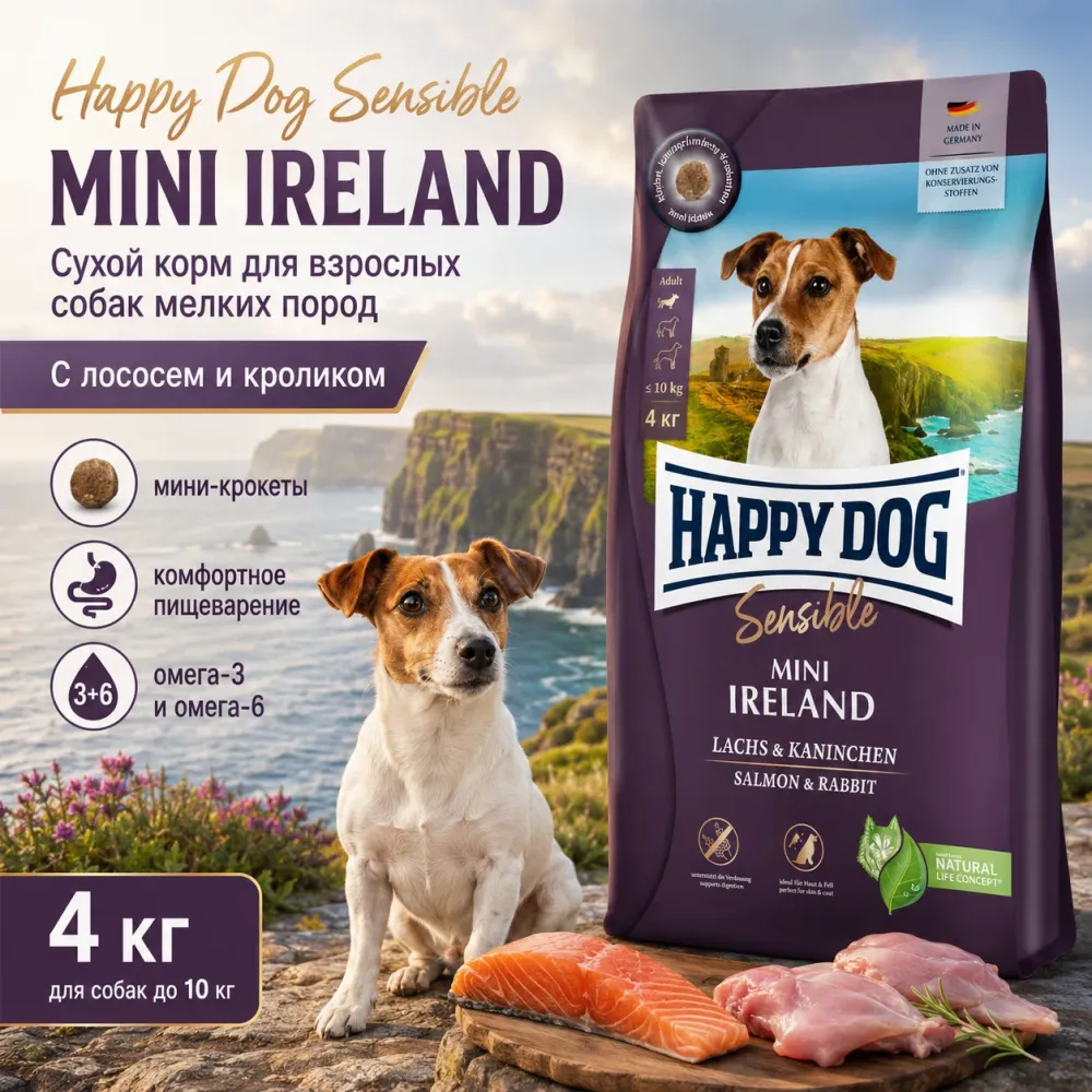 Happy Dog Mini Ireland сухой корм для собак мелких пород с лососем и кроликом, 4 кг