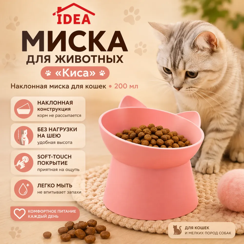 Миска для животных «Киса» наклонная с подставкой коралловая, 200 мл