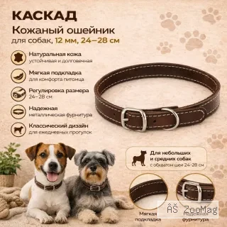 Каскад кожаный ошейник для собак с мягкой подкладкой 12 мм, 24–28 см