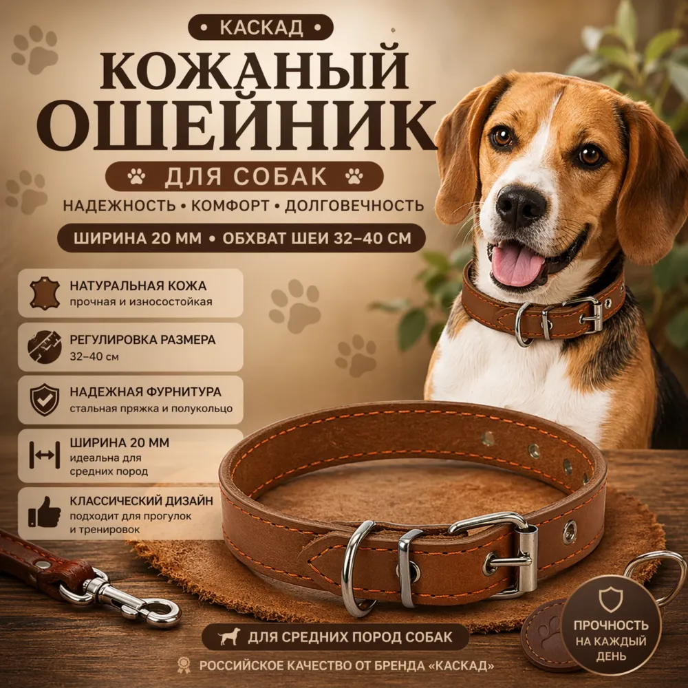 Каскад кожаный щенячий ошейник 20 мм, 32–40 см коричневый для щенков средних пород