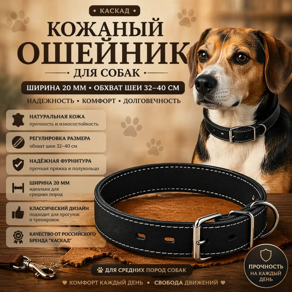 Каскад кожаный ошейник для средних пород 20 мм, 32–40 см из натуральной кожи