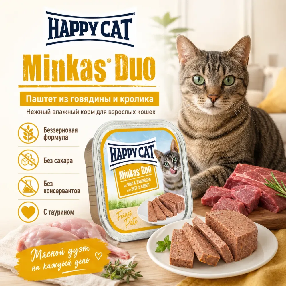 Minkas DUO влажный корм-паштет для кошек с говядиной и кроликом, 100 г