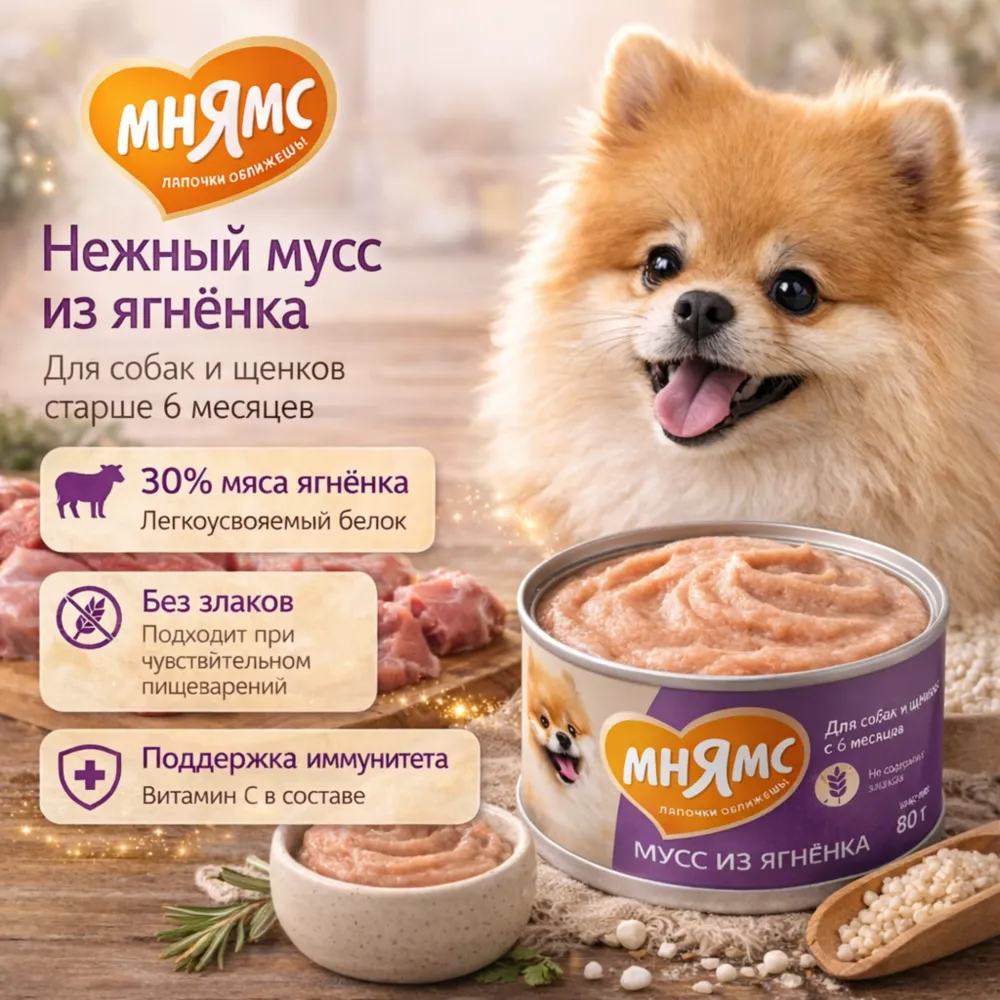 Мнямс мусс из ягненка для собак и щенков с 6 месяцев, влажный корм 80 г