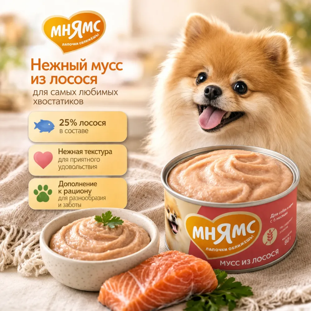 Мнямс мусс из лосося для собак и щенков с 6 месяцев, влажный корм 80 г