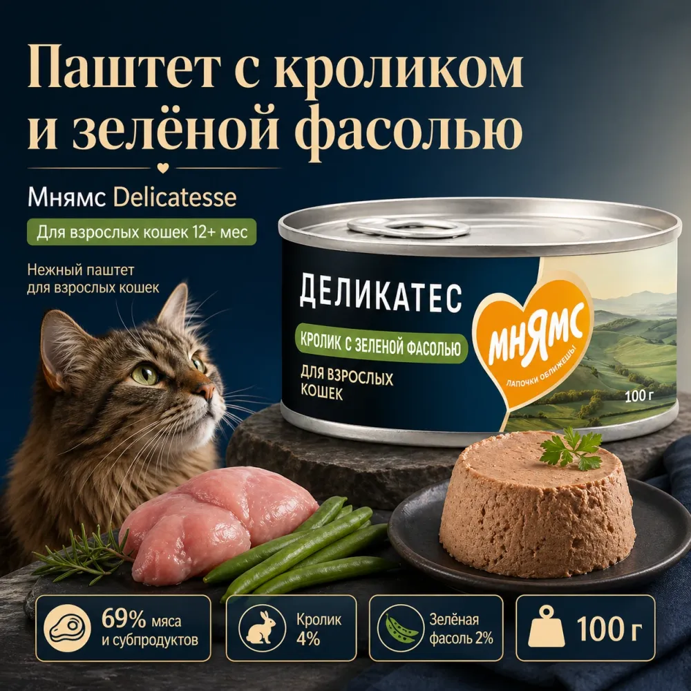 Мнямс Delicatesse паштет для кошек с кроликом и зеленой фасолью, влажный корм 100 г