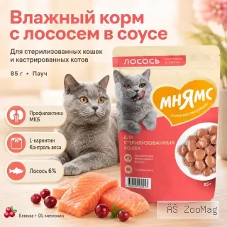 Мнямс влажный корм для стерилизованных кошек и кастрированных котов с лососем в соусе, пауч 85 г