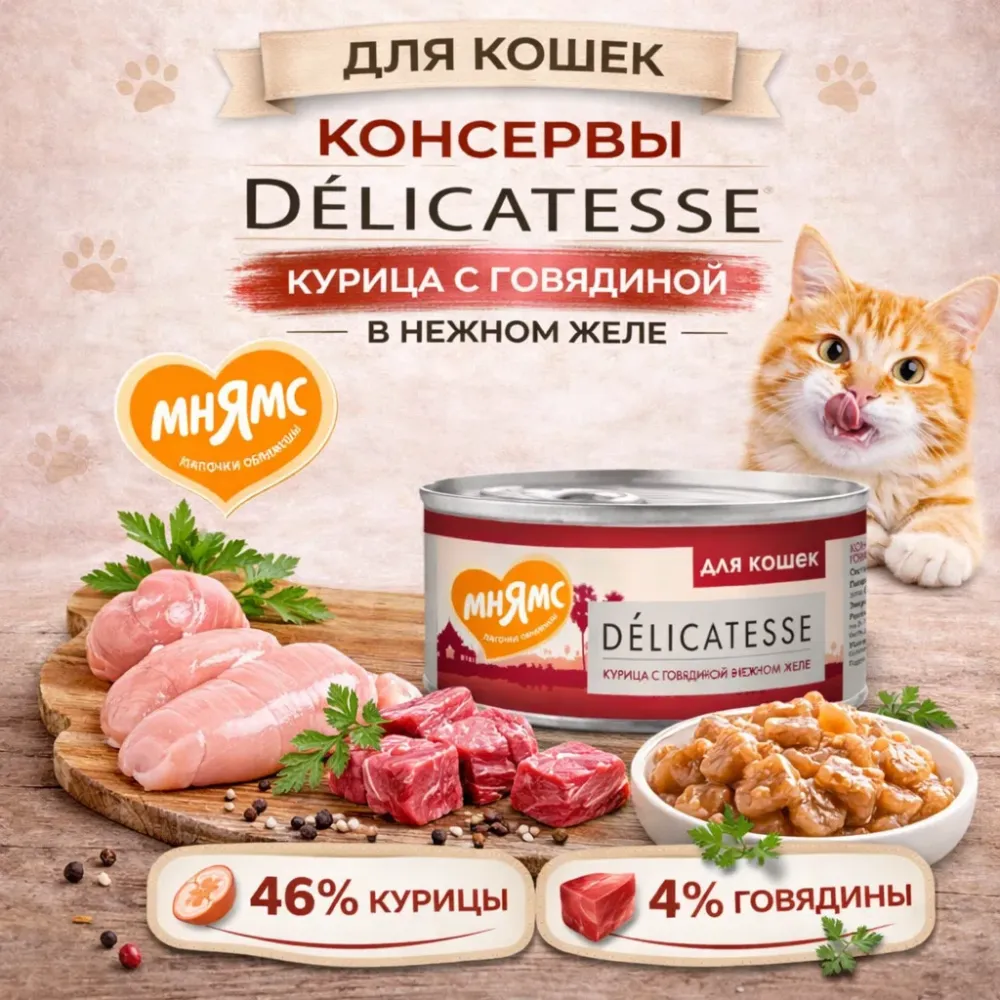 Мнямс Delicatesse влажный корм для кошек курица с говядиной в желе супер-премиум 70 г