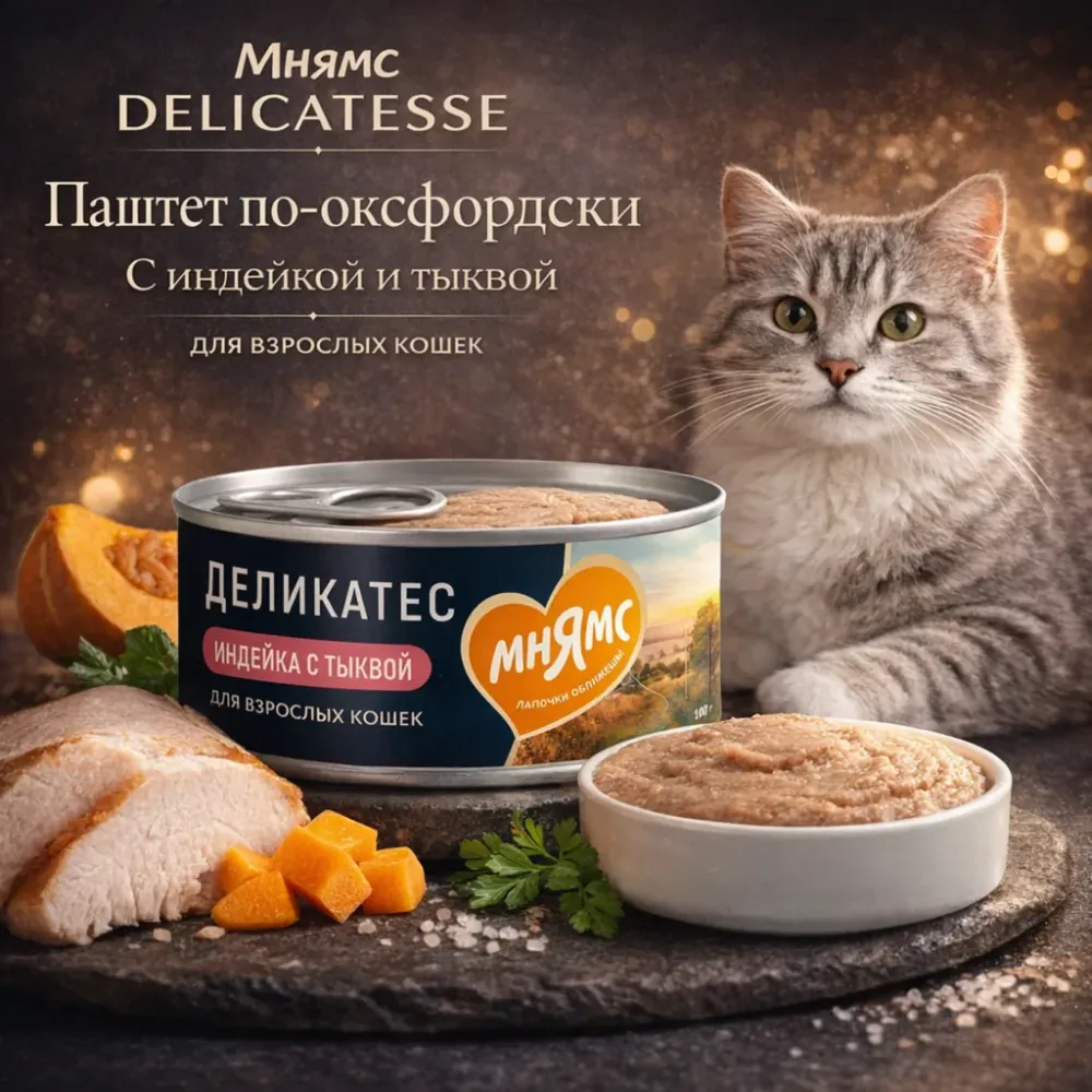 Мнямс Delicatesse паштет для кошек с индейкой и тыквой, влажный корм 100 г