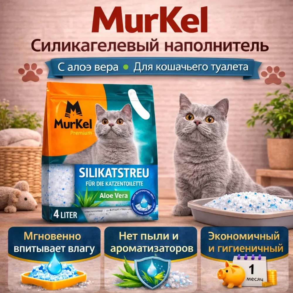 Murkel силикагелевый наполнитель для кошачьего туалета Алоэ Вера, крупные кристаллы 4 л (1,8 кг)