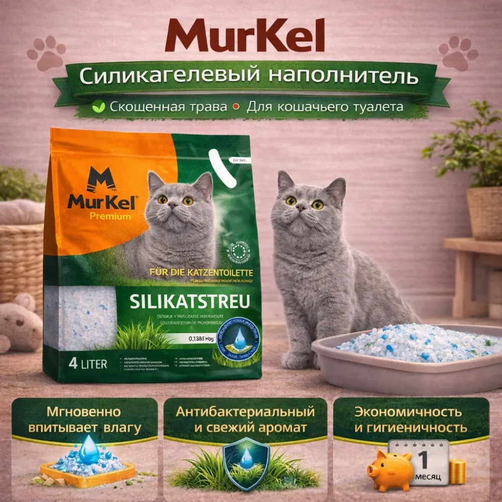 Murkel силикагелевый наполнитель для кошачьего туалета Скошенная трава, 4 л (1,8 кг), крупные кристаллы