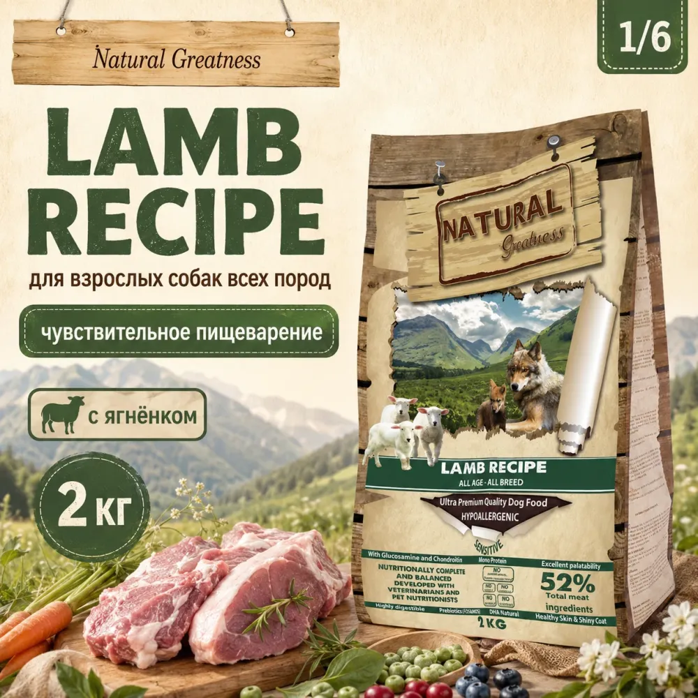 Natural Greatness Lamb Recipe Sensitive сухой корм для взрослых собак с чувствительным пищеварением с ягнёнком, 2 кг