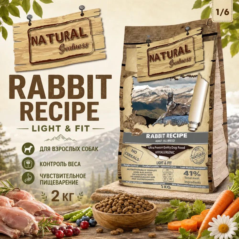 Natural Greatness Rabbit Recipe Light & Fit сухой корм для собак с кроликом, 2 кг