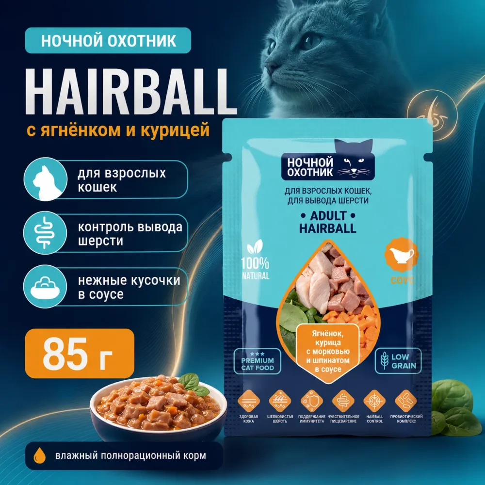 Ночной Охотник Hairball пауч для кошек с ягнёнком и курицей в соусе, 85 г