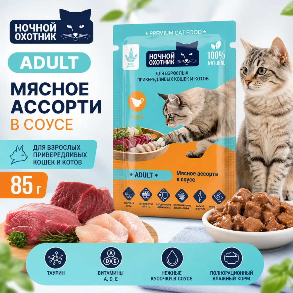 Ночной Охотник пауч для кошек Мясное ассорти в соусе, 85 г
