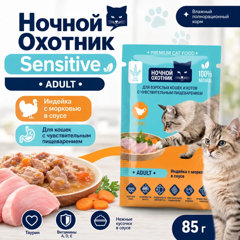 Ночной Охотник Sensitive пауч для кошек с индейкой и морковью в соусе, 85 г