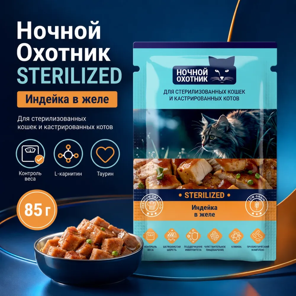 Ночной Охотник пауч для стерилизованных кошек с индейкой в желе, 85 г
