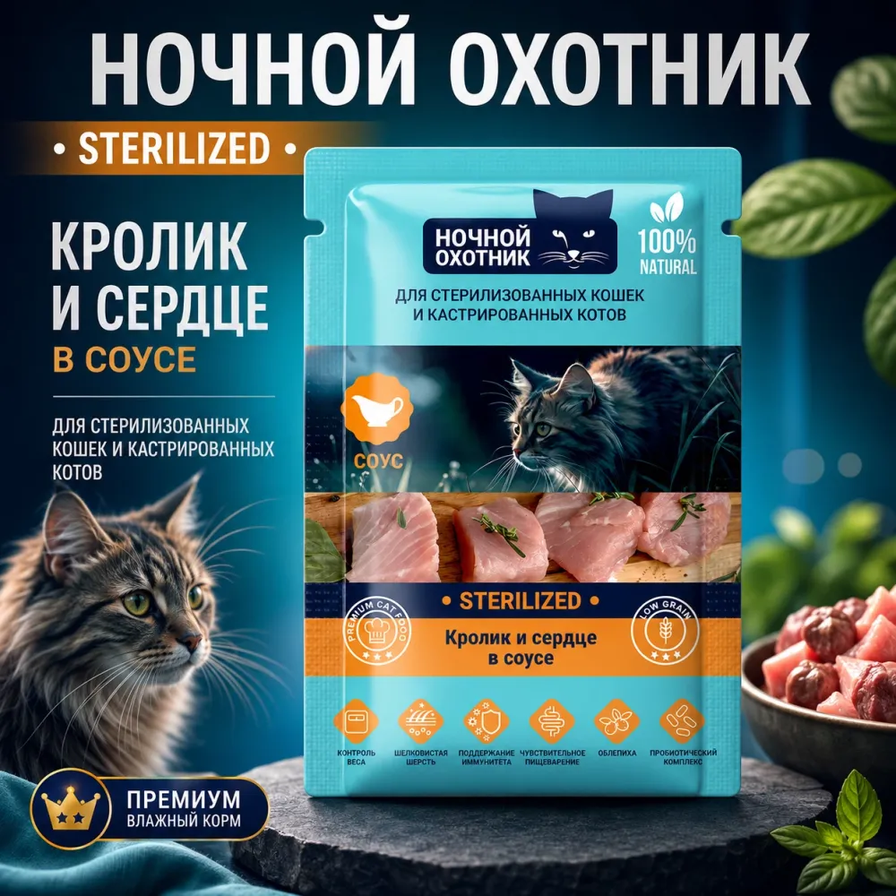 Ночной Охотник пауч для стерилизованных кошек с кроликом и сердцем в соусе, 85 г