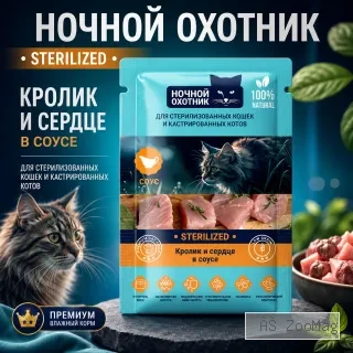 Ночной Охотник пауч для стерилизованных кошек с кроликом и сердцем в соусе, 85 г